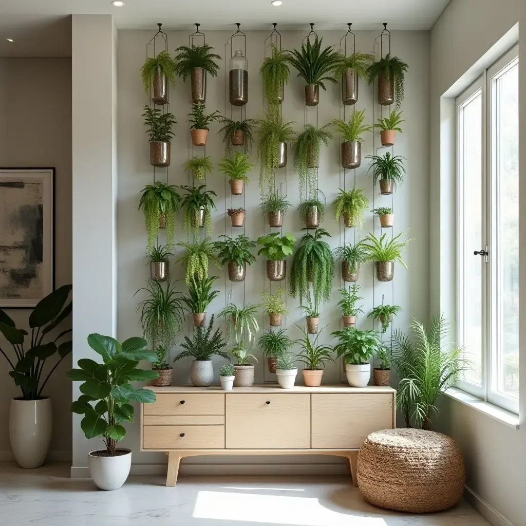 a photo of a bright and airy garden wall with hanging glass terrariums in a foyer