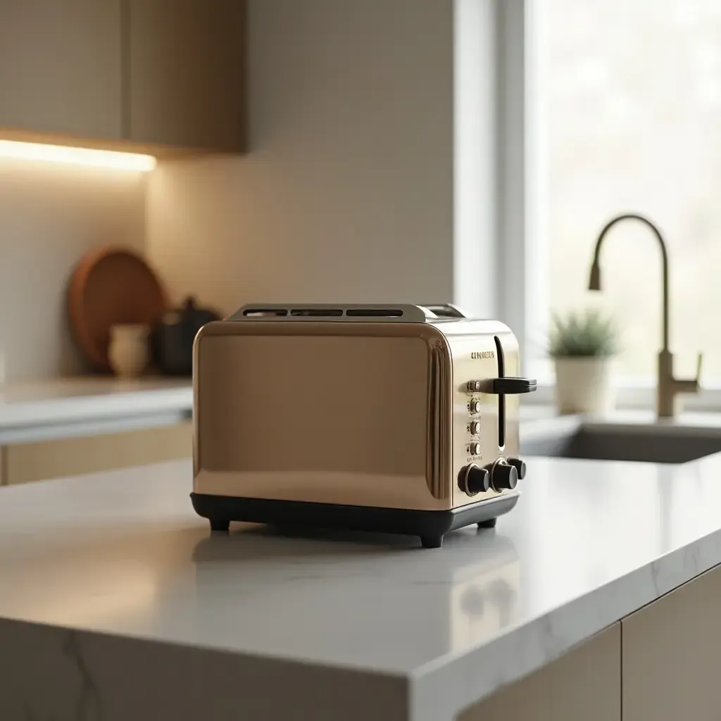 a photo of a vintage toaster on a sleek modern countertop