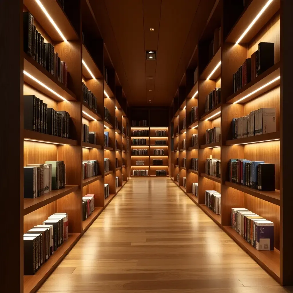 a photo of a library with wooden accents and soft ambient lighting