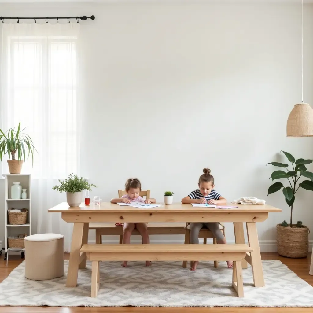 a photo of a kids&#x27; room with a farmhouse table for crafts and activities