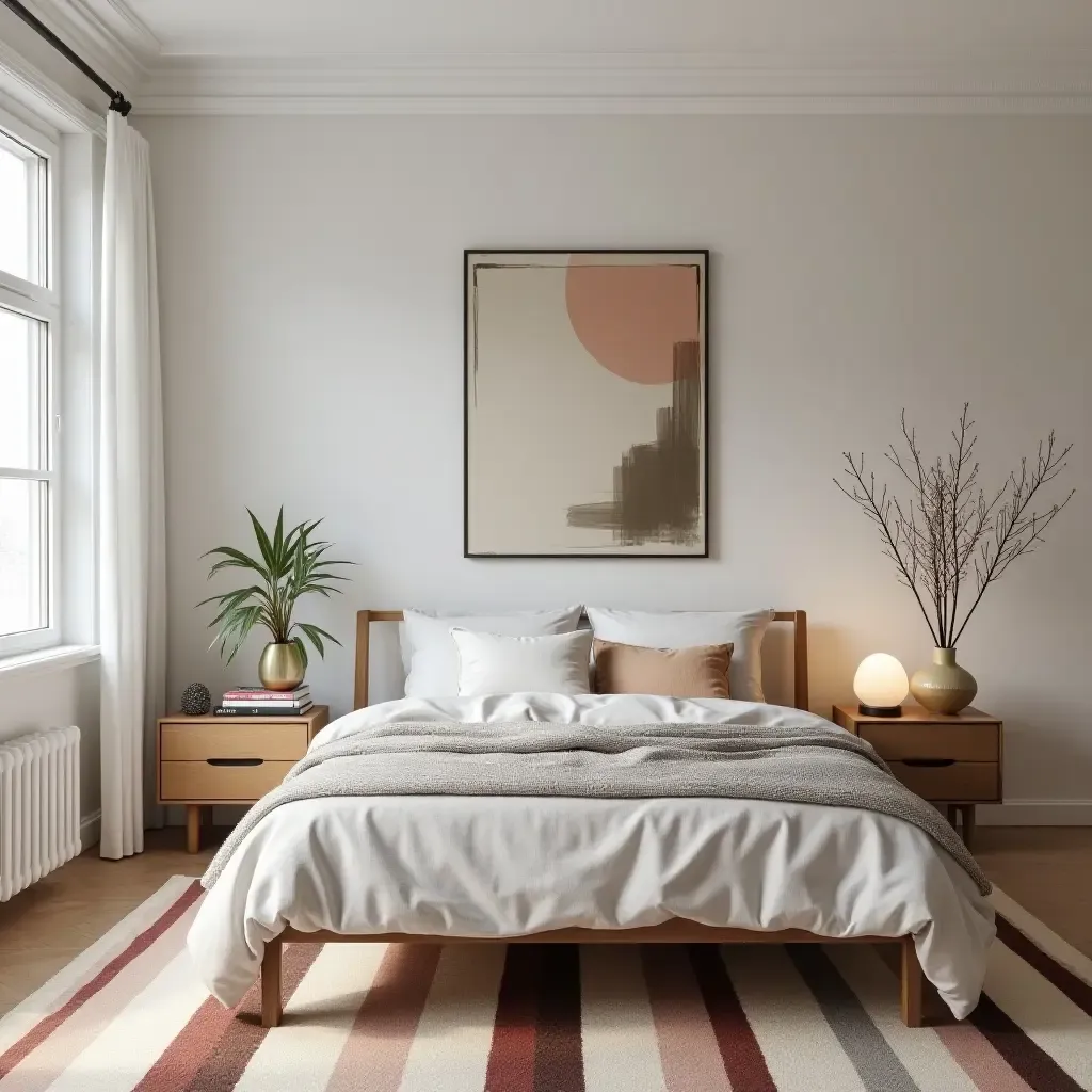 a photo of a bold striped rug in a contemporary bedroom design