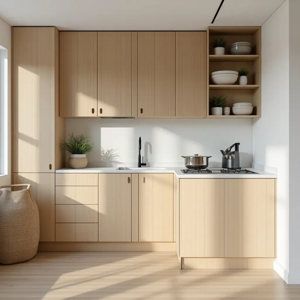 a photo of a Scandinavian-style kitchen with light wood and clean lines