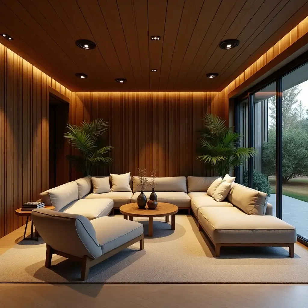 a photo of a basement lounge with wooden accents and plants