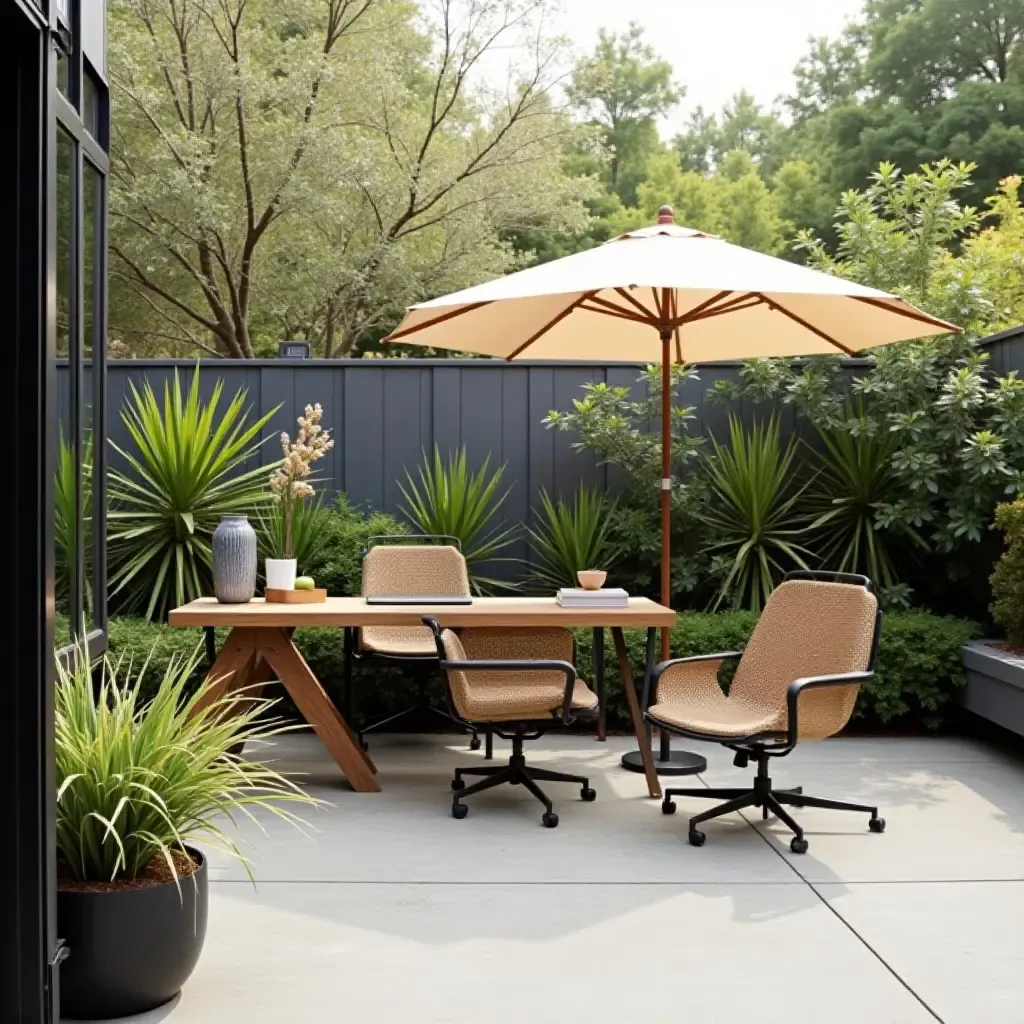 a photo of a chic outdoor workspace with a desk and ergonomic chair under a shade