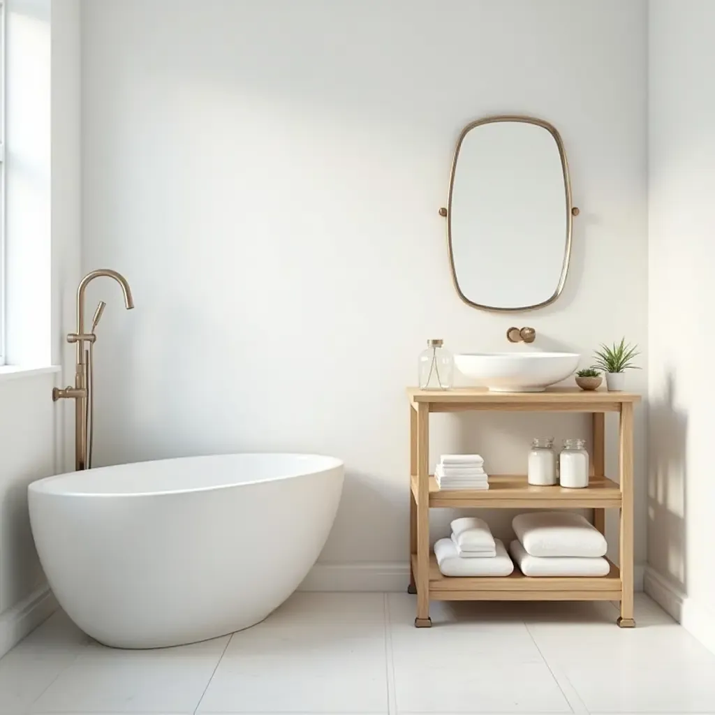 a photo of a bright bathroom with a tiered cart for supplies