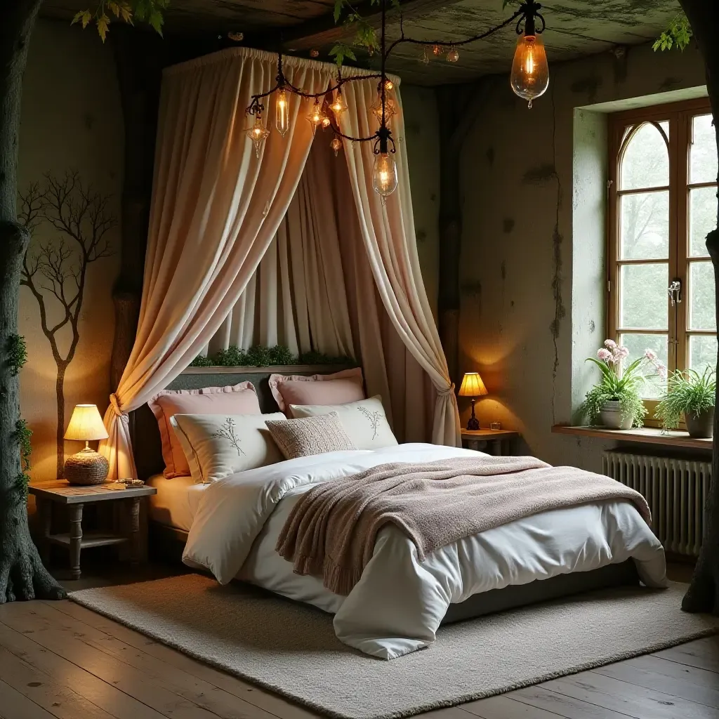 a photo of a whimsical fairy tale bedroom with enchanted forest decor