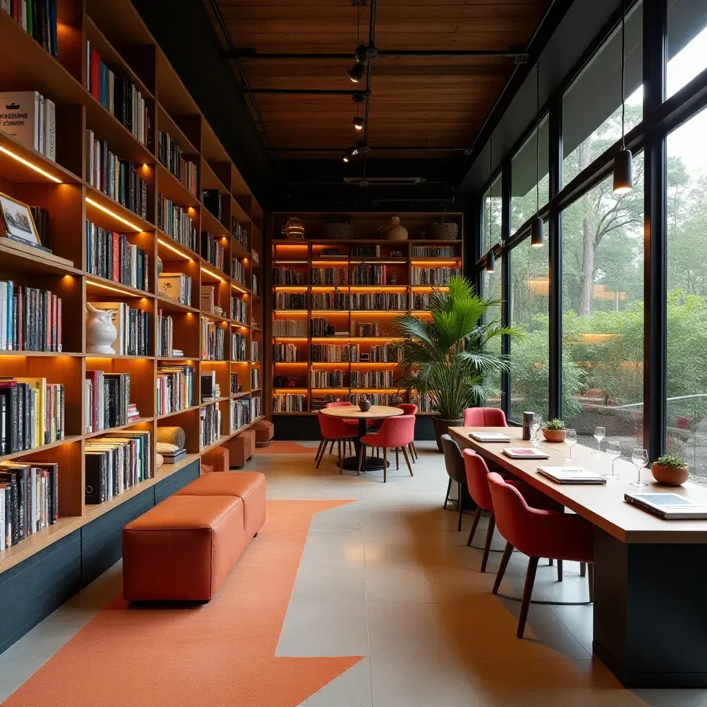 a photo of a vibrant library space with mixed textures of wood and metal