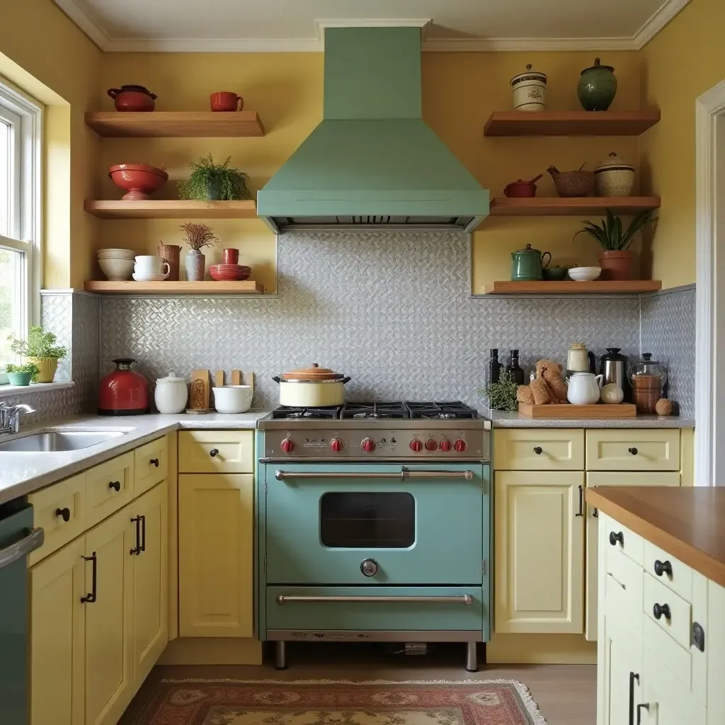 a photo of a vintage tin backsplash enhancing a retro-style kitchen