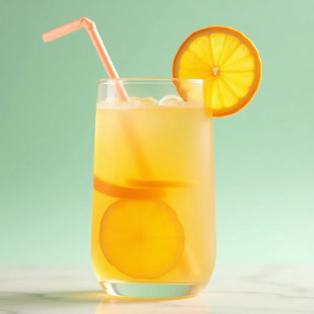 a photo of a vibrant glass of agua de Valencia with orange slices and a straw.