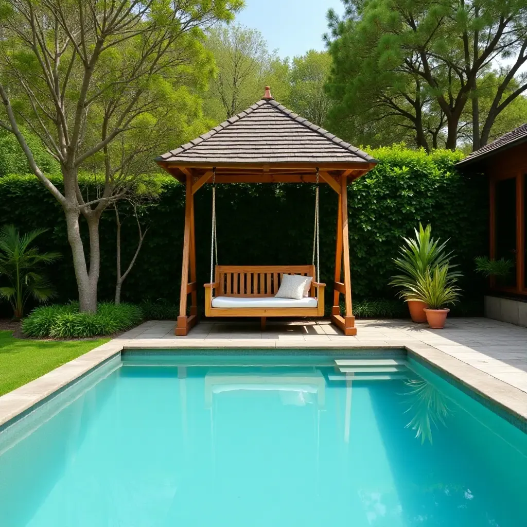 a photo of a pool area with a charming wooden swing and greenery