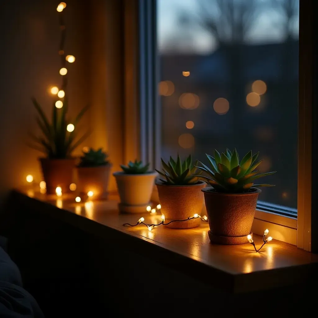 a photo of a modern balcony shelf adorned with fairy lights and succulents