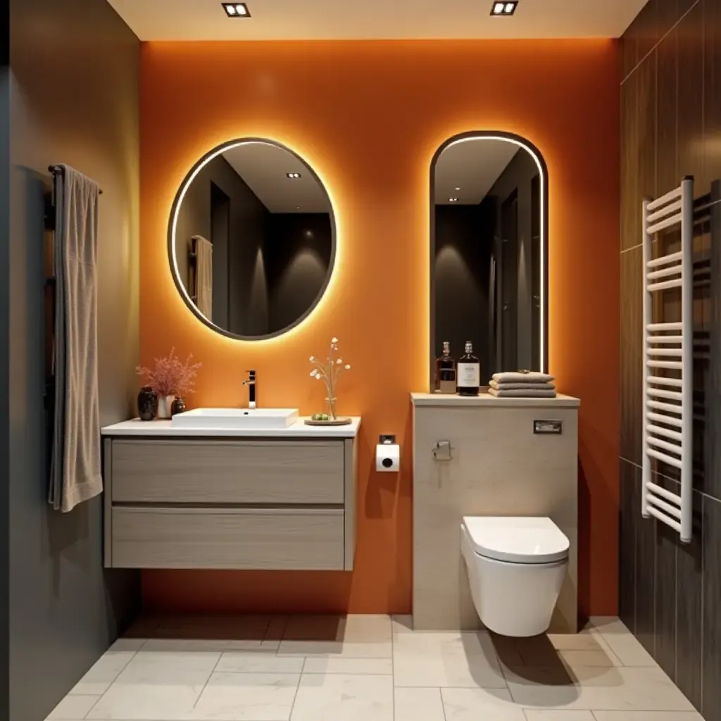 a photo of a stylish small bathroom with a bold accent wall and elegant lighting