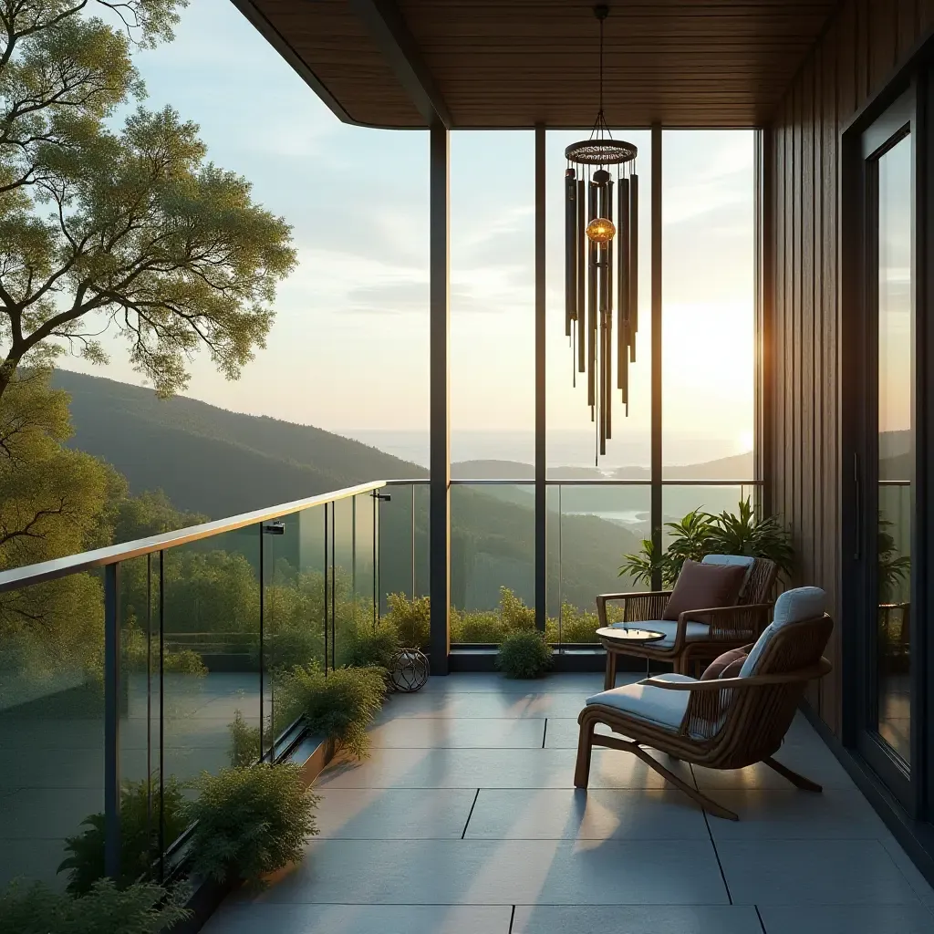 a photo of a glass balcony with artistic wind chimes adding elegance and privacy