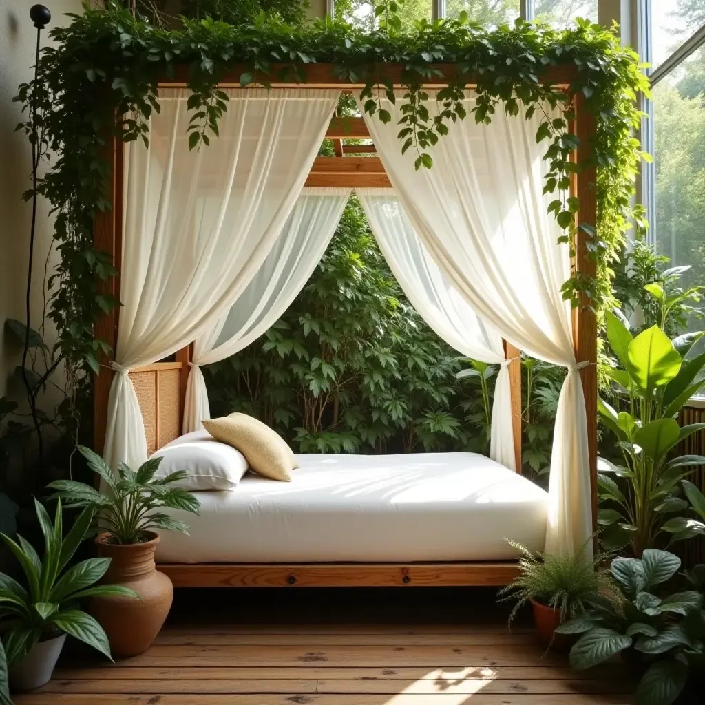 a photo of a bright canopy bed surrounded by plants and greenery