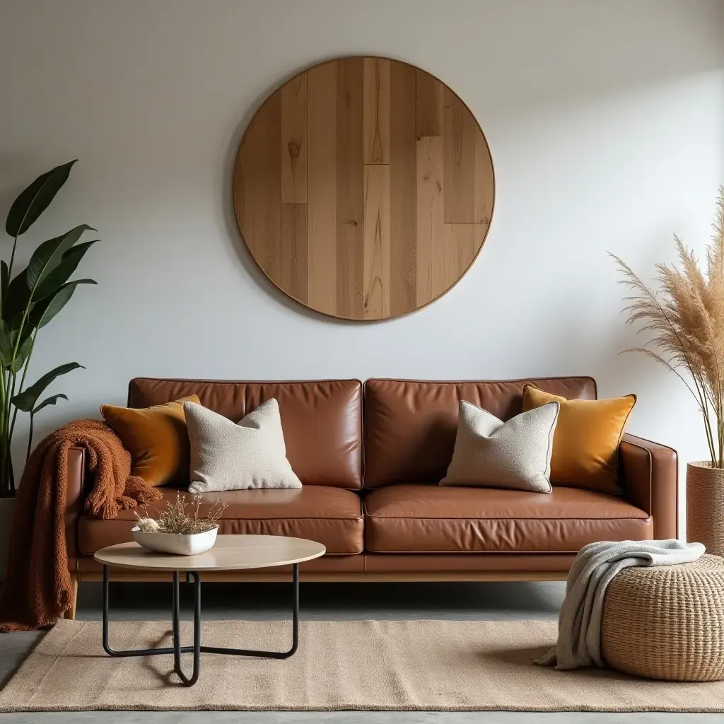 a photo of a modern living room with leather sofa, velvet throw pillows, and wood decor