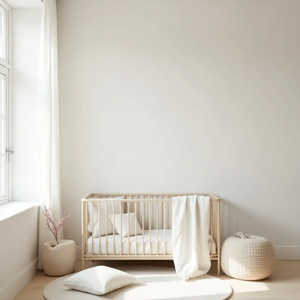 a photo of a nursery with airy linens and a calming color palette