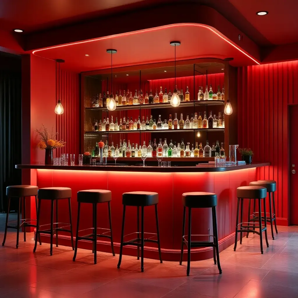 a photo of a chic basement bar with sleek design and vibrant colors