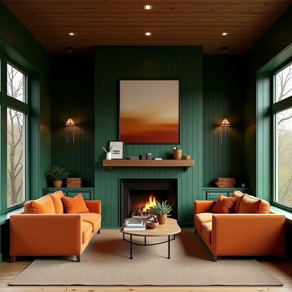 a photo of a rustic living room featuring dark green wood accents and burnt orange fabrics