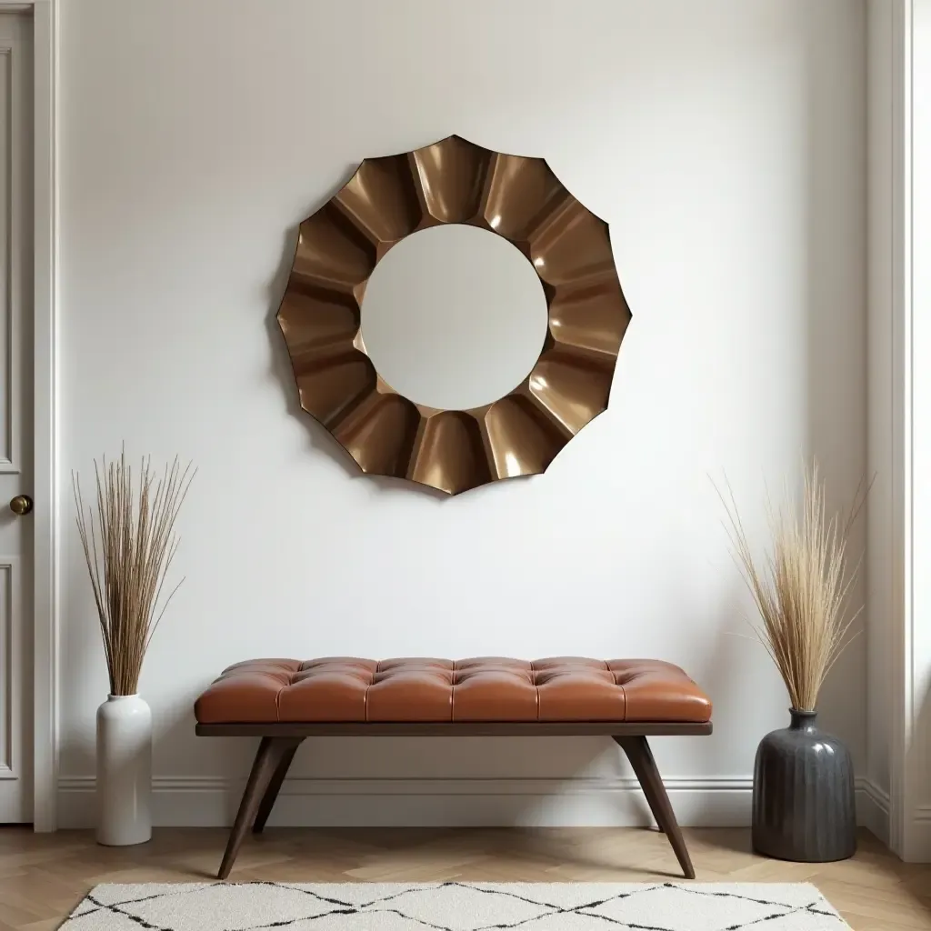 a photo of a chic leather bench paired with a decorative mirror in a hallway