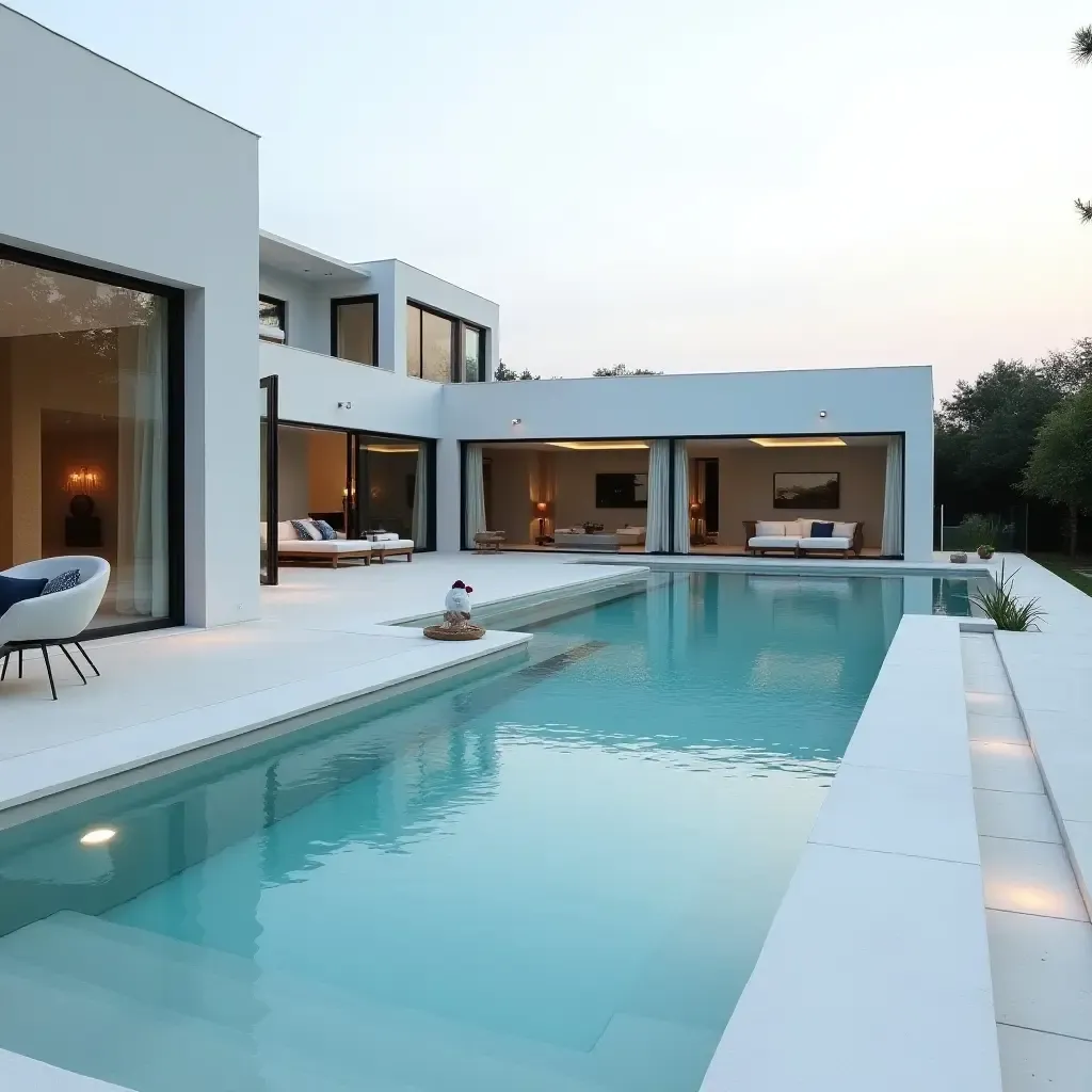 a photo of a minimalist pool area with sleek lines and monochromatic decor