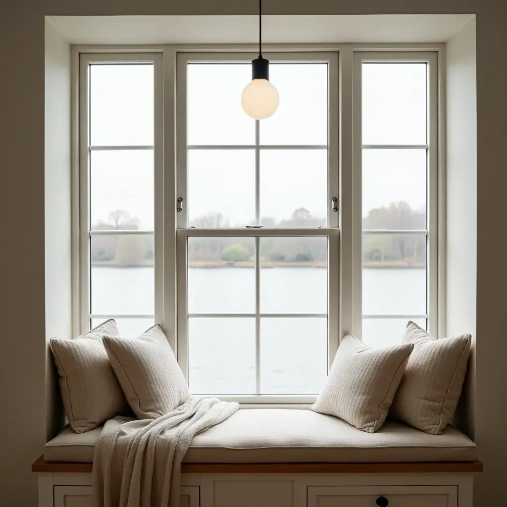 a photo of a breakfast nook with a large window seat and soft pillows