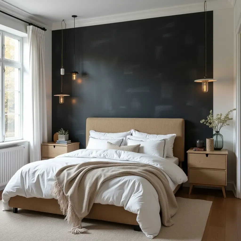 a photo of a farmhouse-themed bedroom with a chalkboard wall for creativity