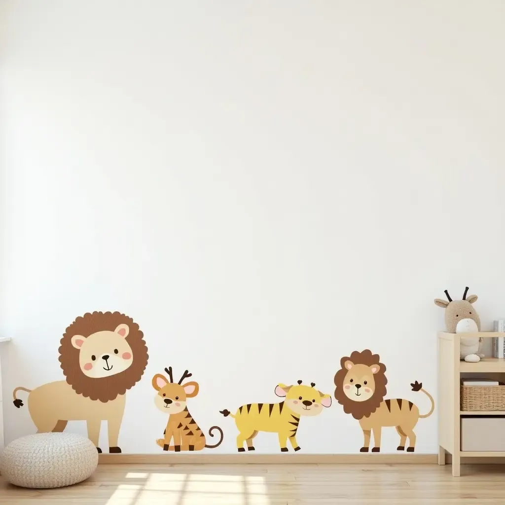 a photo of a nursery featuring wooden animal wall decals