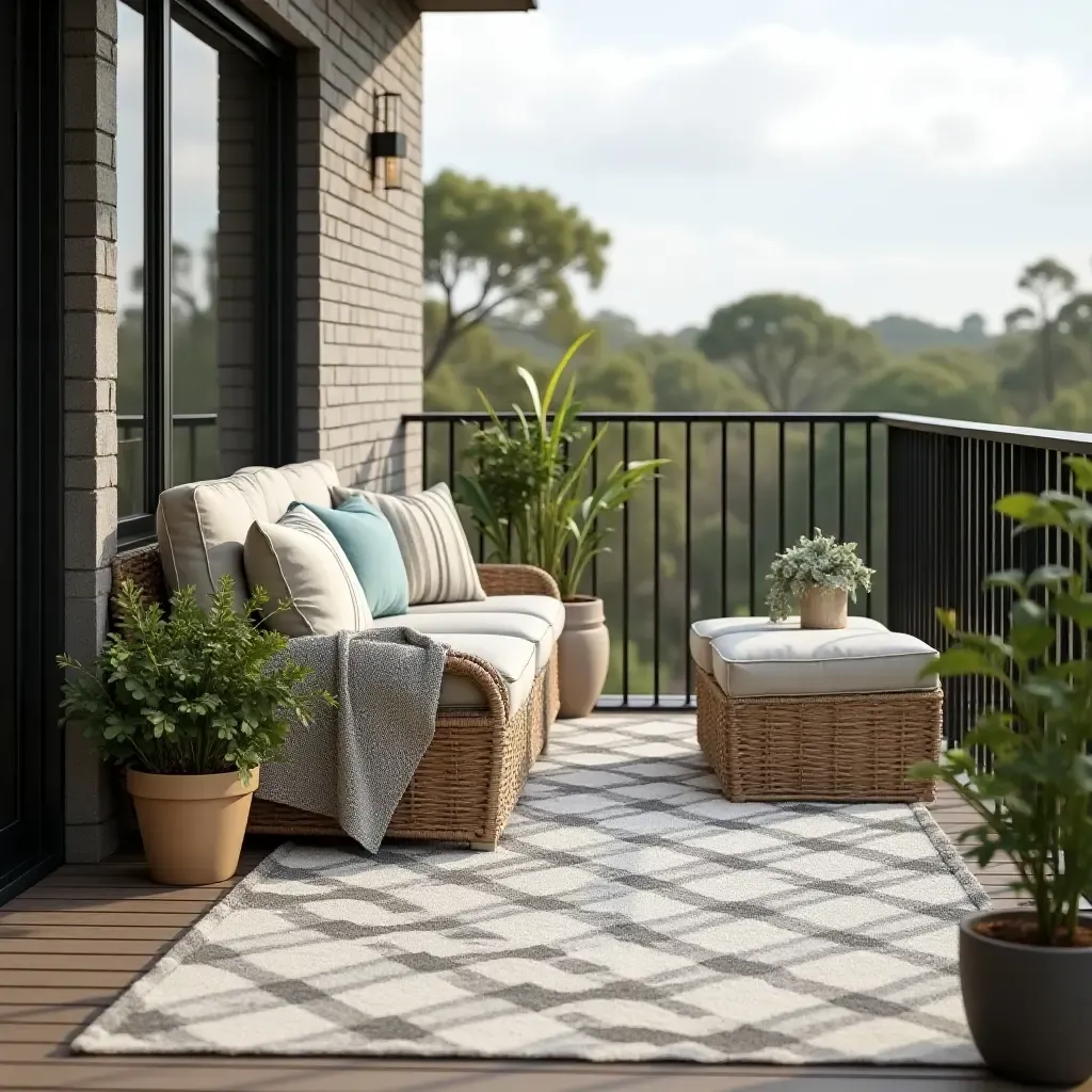 a photo of a balcony shelf with a stylish outdoor rug and seating