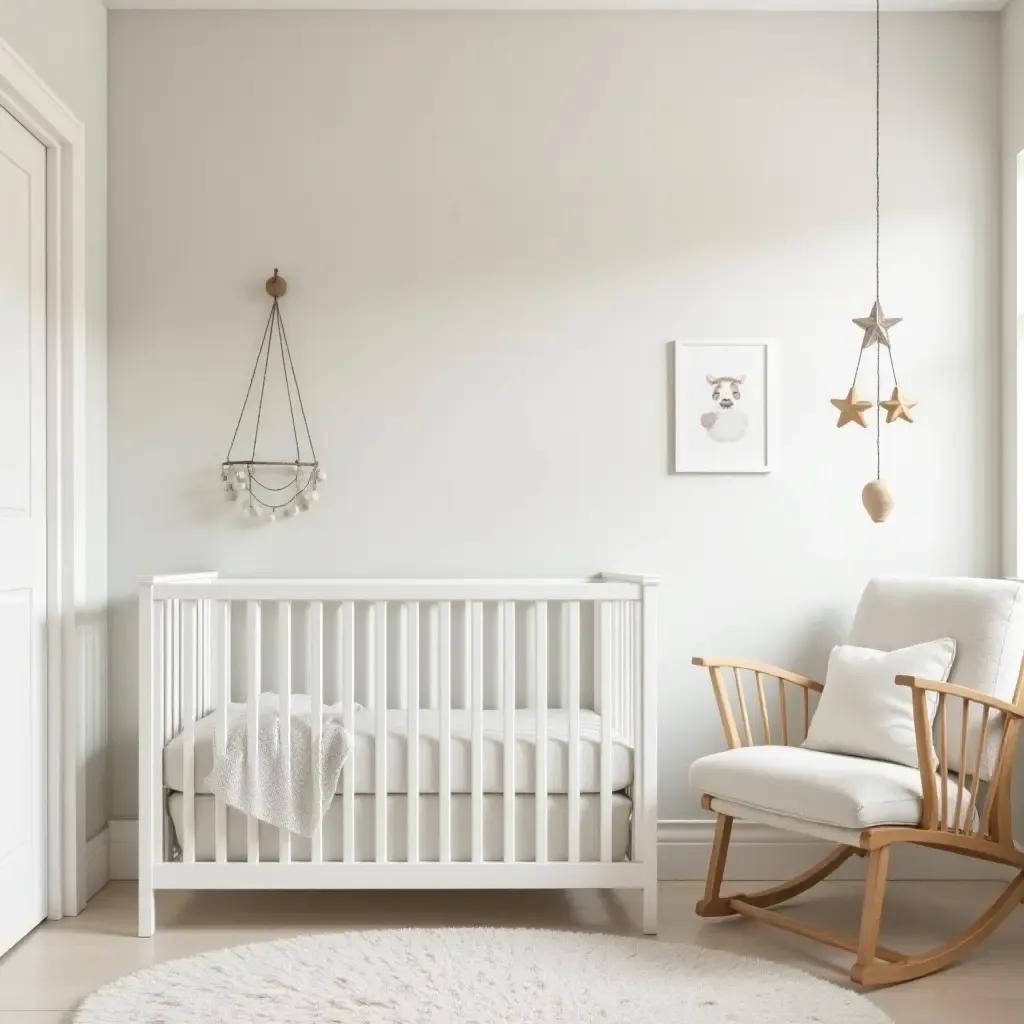 a photo of a charming nursery with a farmhouse-style mobile and soft, muted colors