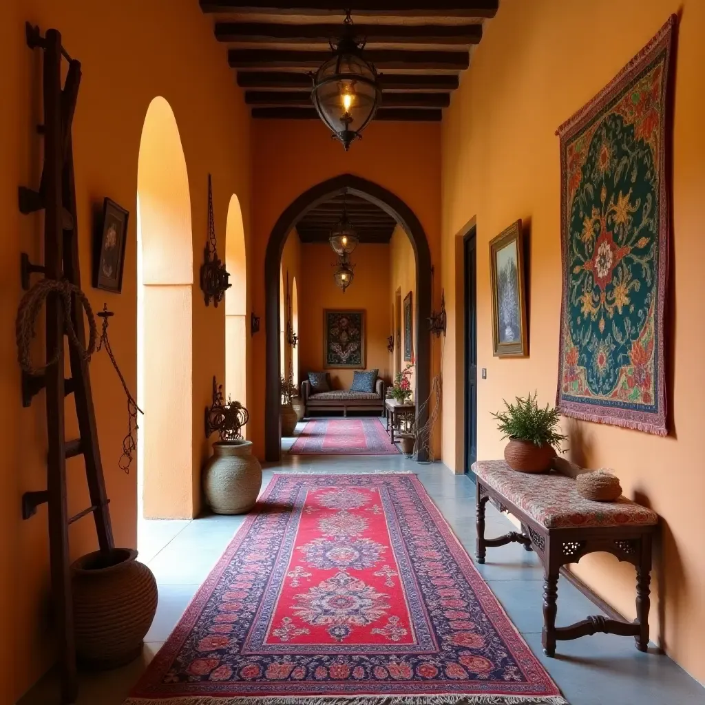 a photo of a corridor adorned with vibrant rugs and handcrafted decor