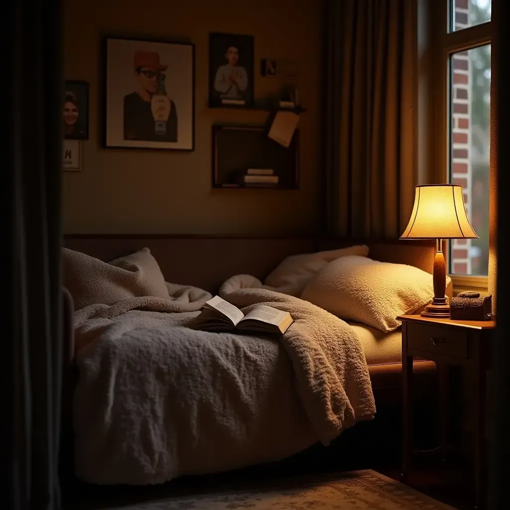 a photo of a cozy reading nook with plush blankets and a dark aesthetic