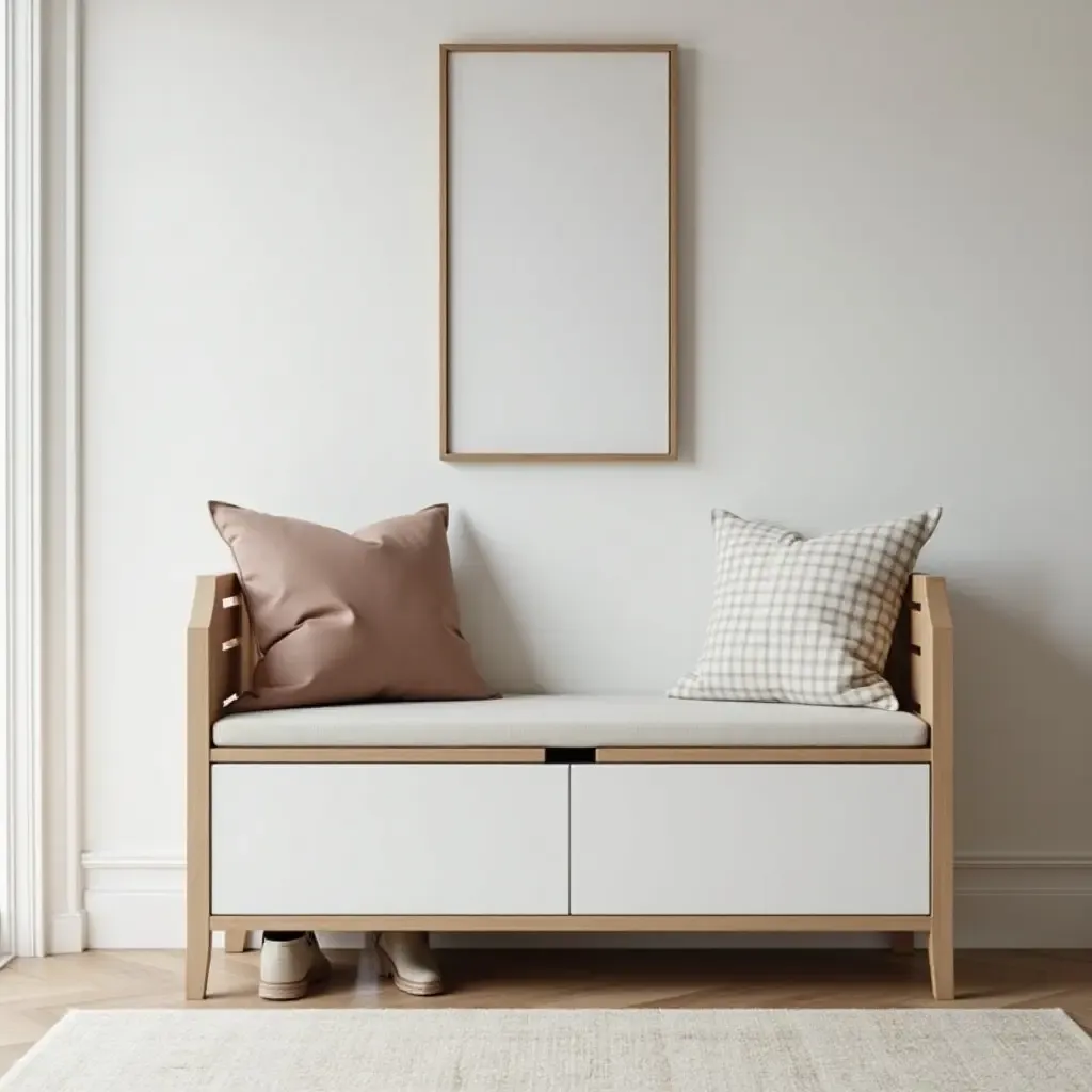 a photo of a Scandinavian-style bench with built-in shoe storage in a chic entryway