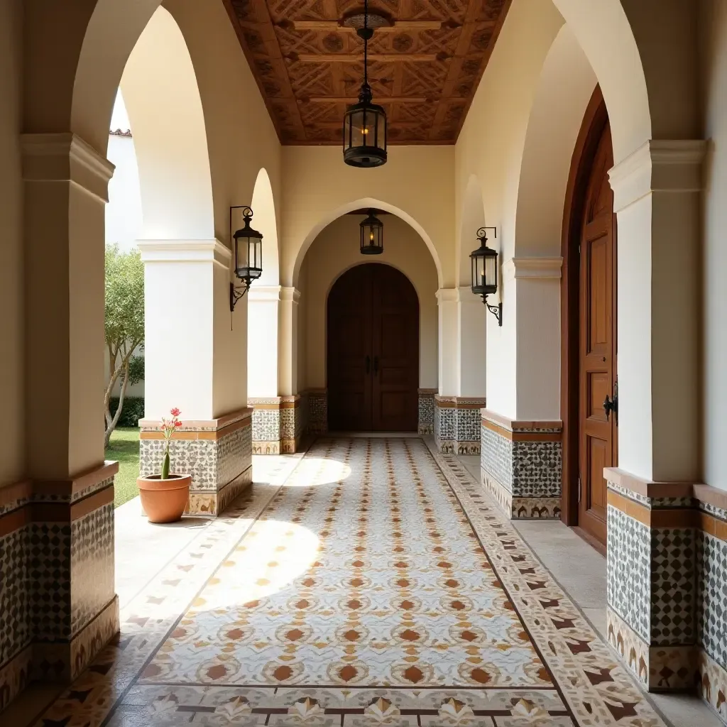 a photo of a Mediterranean-inspired hallway with intricate tile mosaics