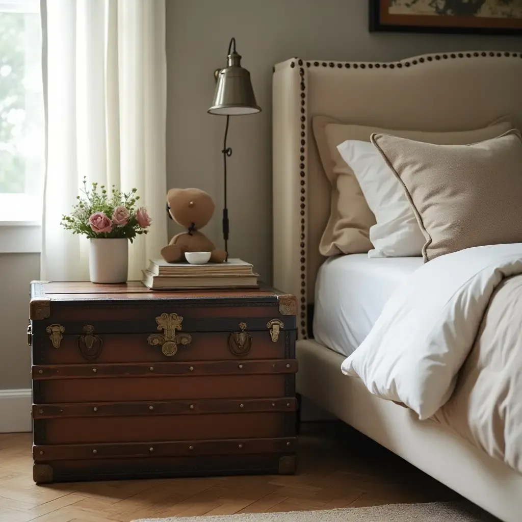 a photo of a bedroom with a vintage trunk as a bedside table