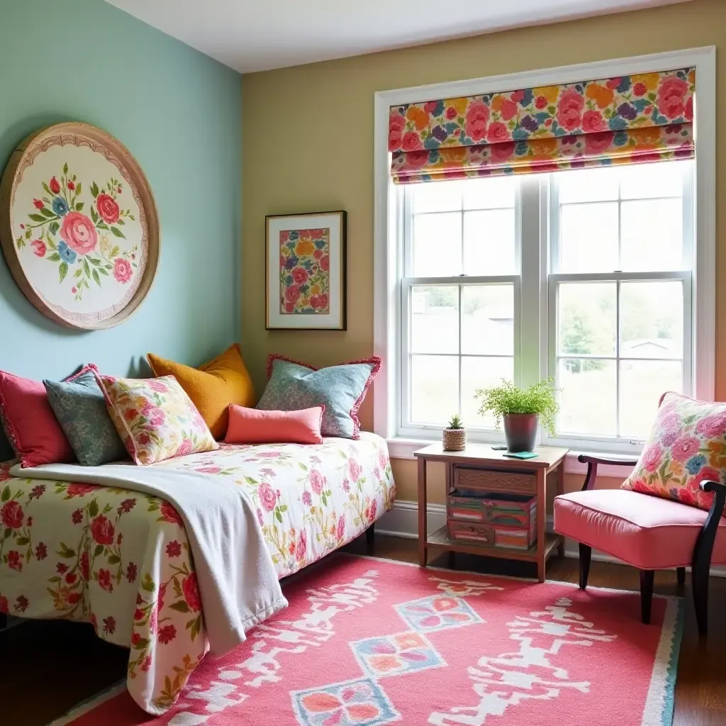 a photo of a vibrant teen bedroom with colorful farmhouse prints and patterns