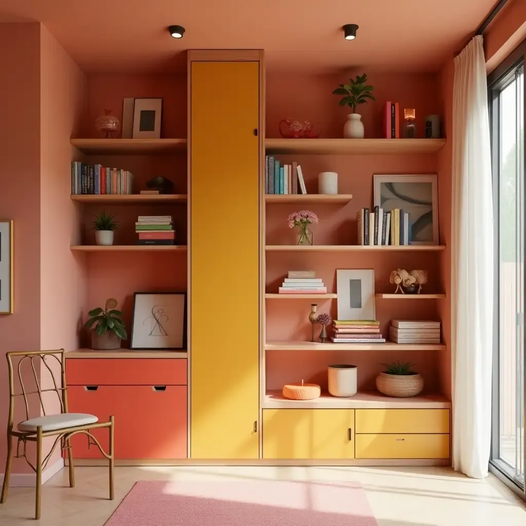 a photo of a vibrant space with a unique storage wall