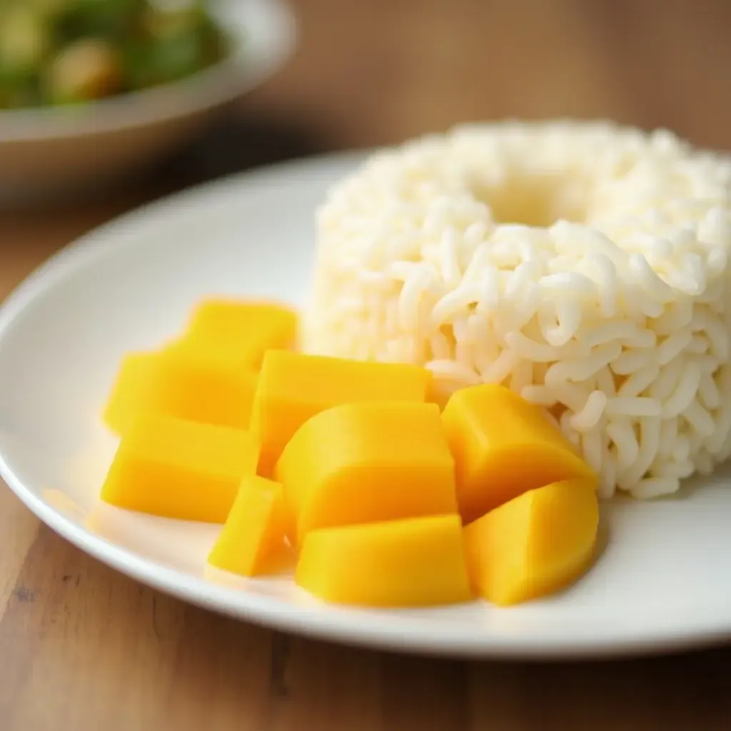 a photo of Thai coconut milk sticky rice with mango slices on a plate.