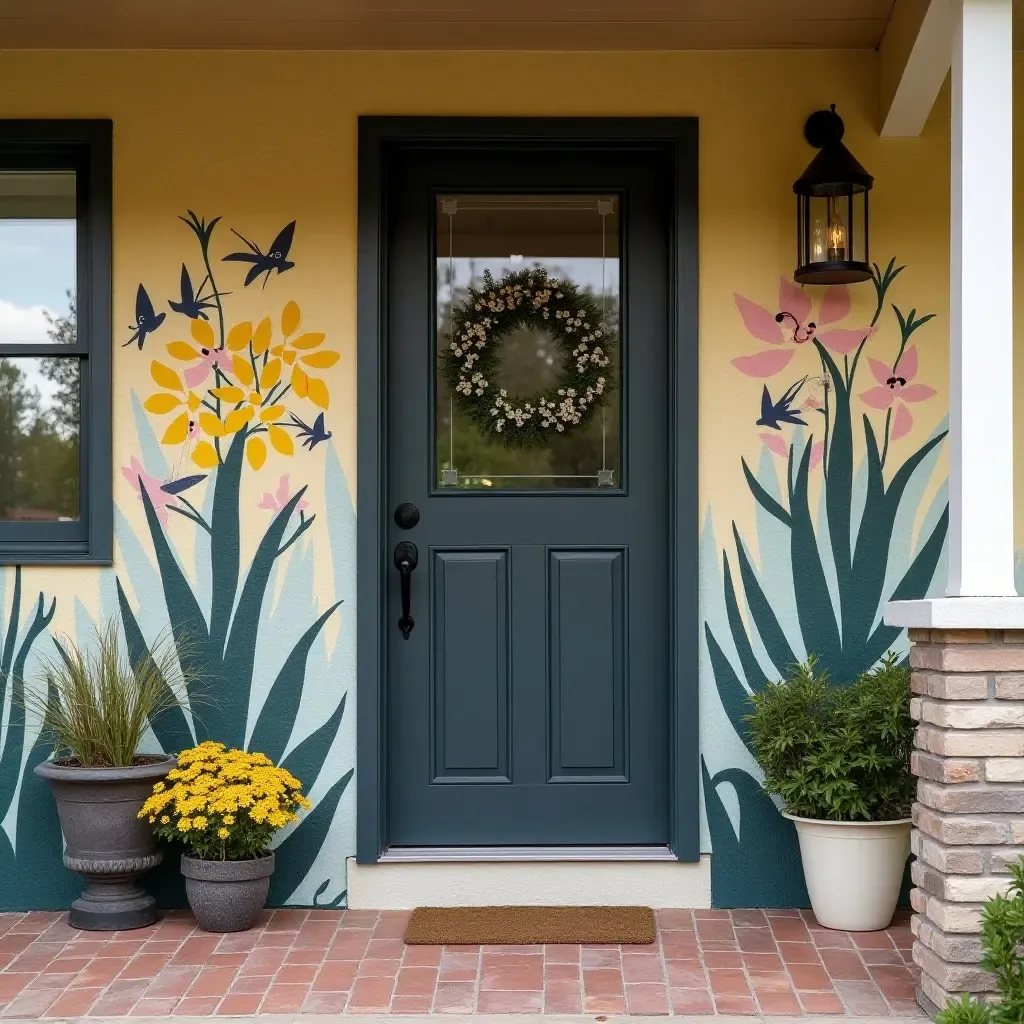 a photo of a porch with a mural or wall art adding personality