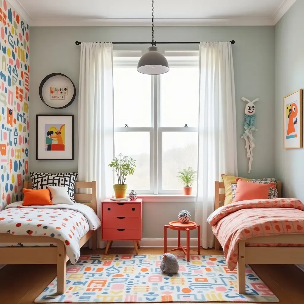 a photo of a vibrant kids&#x27; bedroom featuring Scandinavian decor and playful patterns