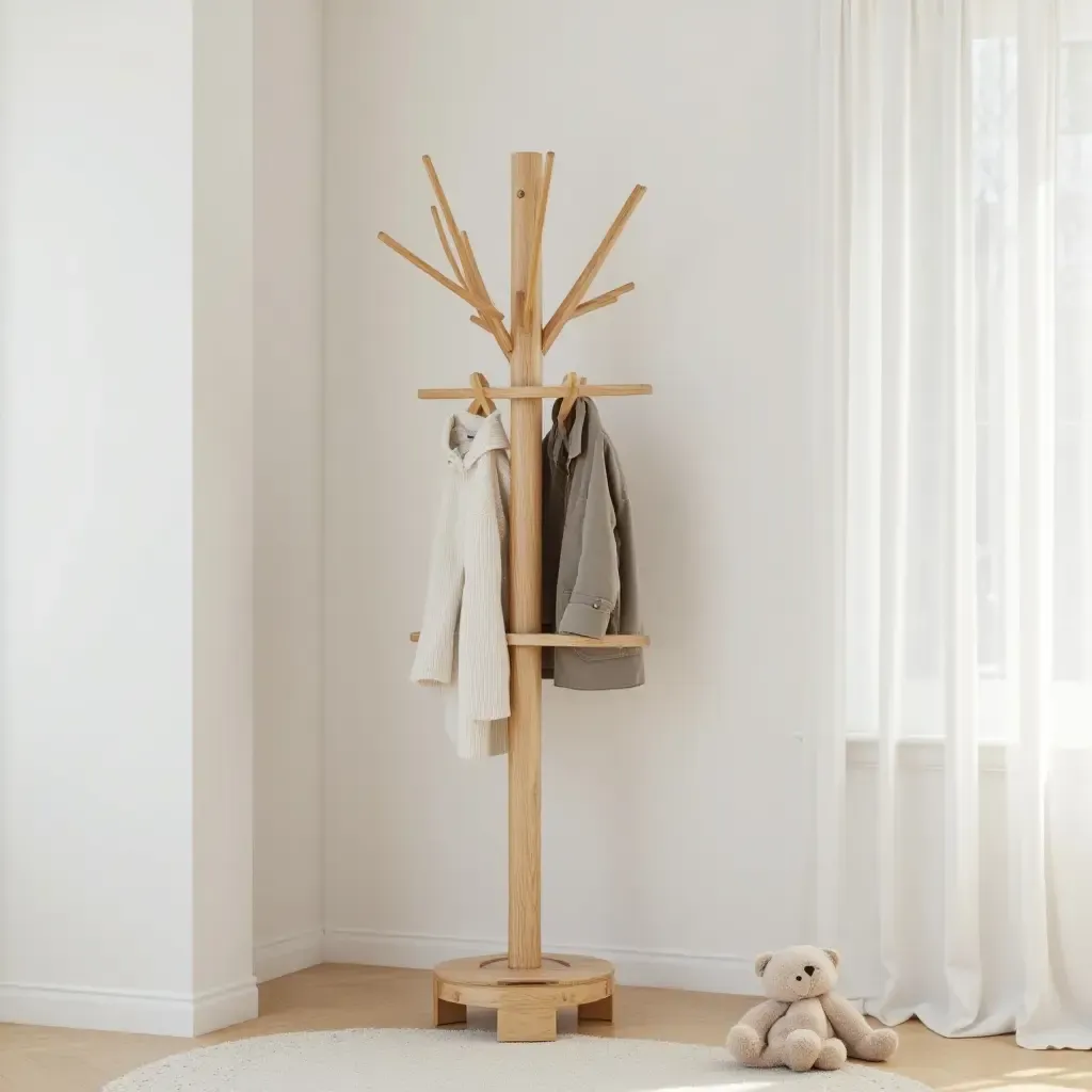 a photo of a wooden coat rack in a stylish nursery