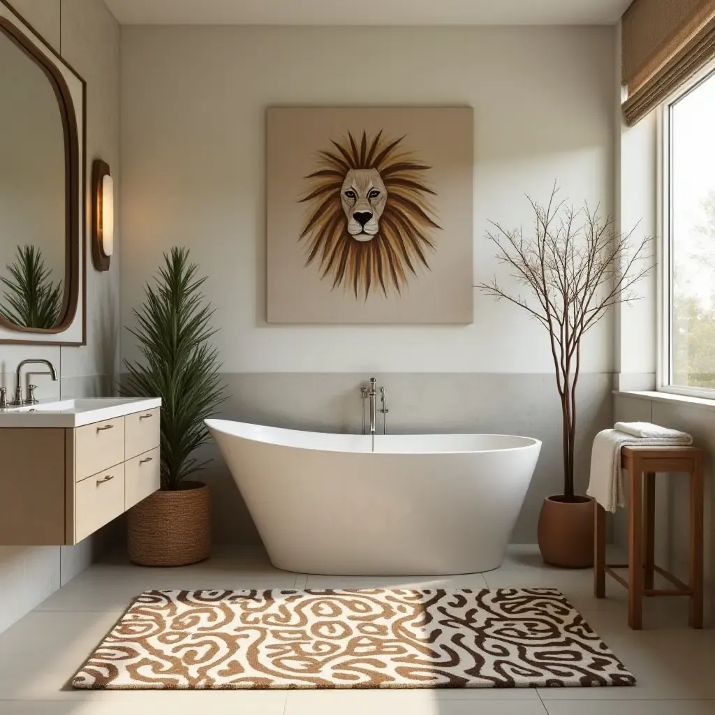 a photo of a bold animal motif rug in a safari-themed bathroom