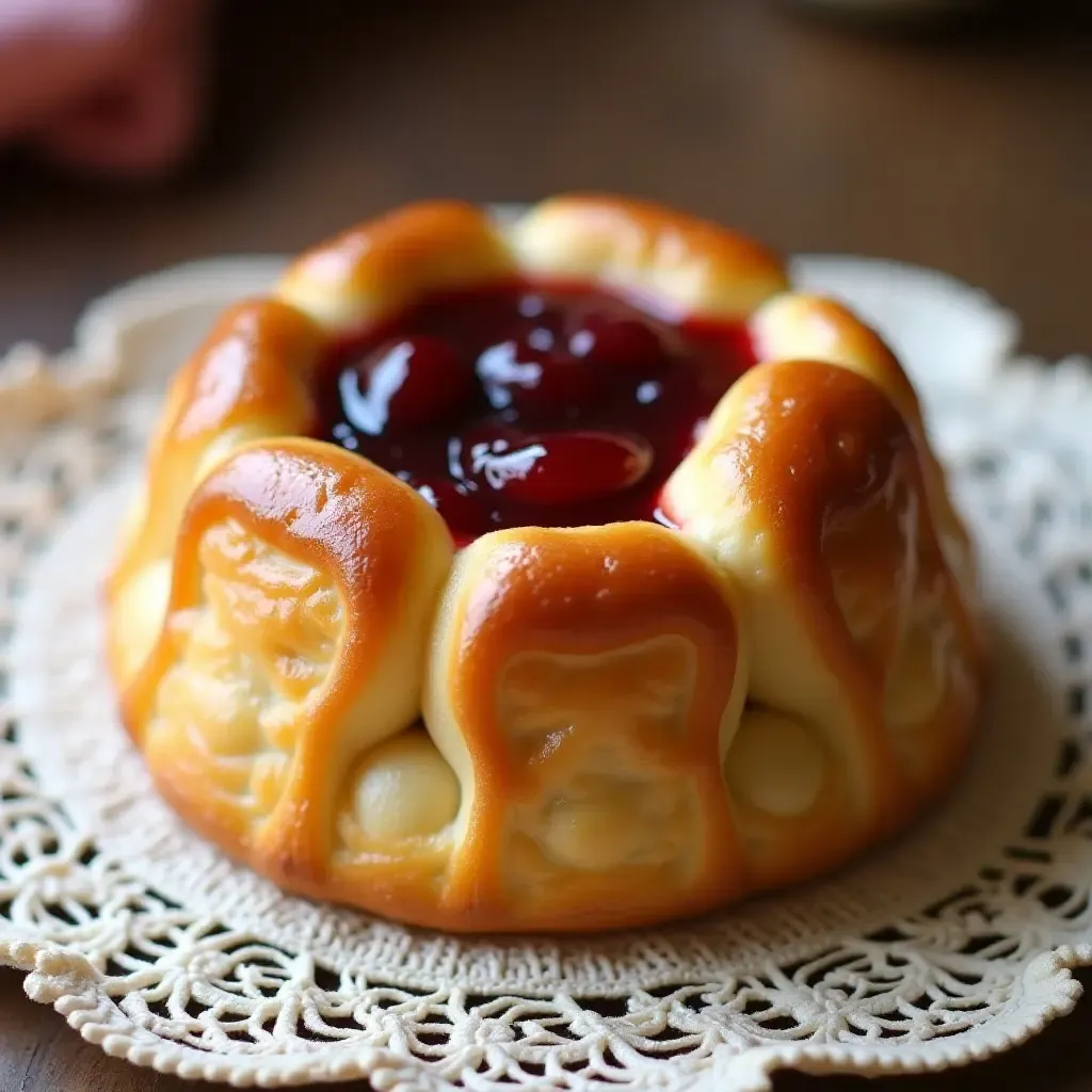 a photo of a golden Gâteau Basque filled with cherry jam, placed on a vintage lace doily.