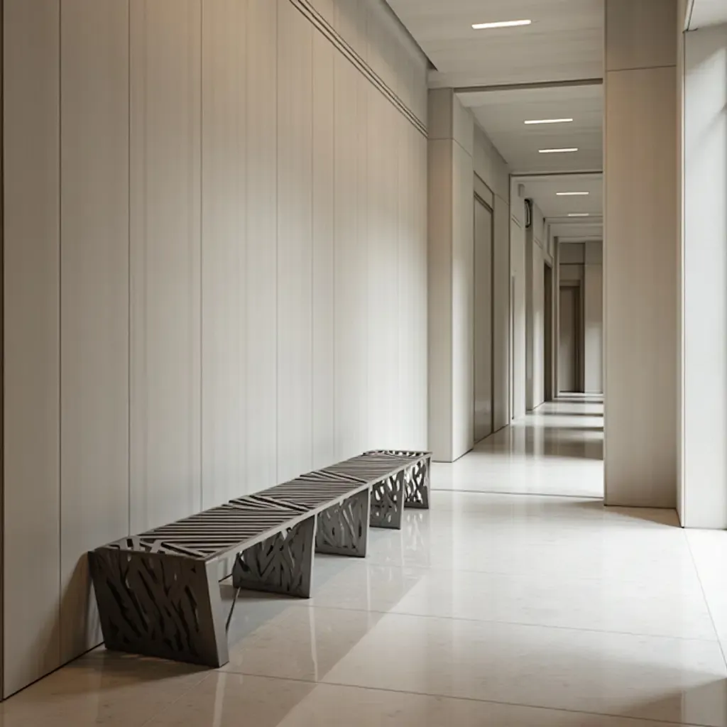 a photo of a sleek metal bench with geometric design in a corridor