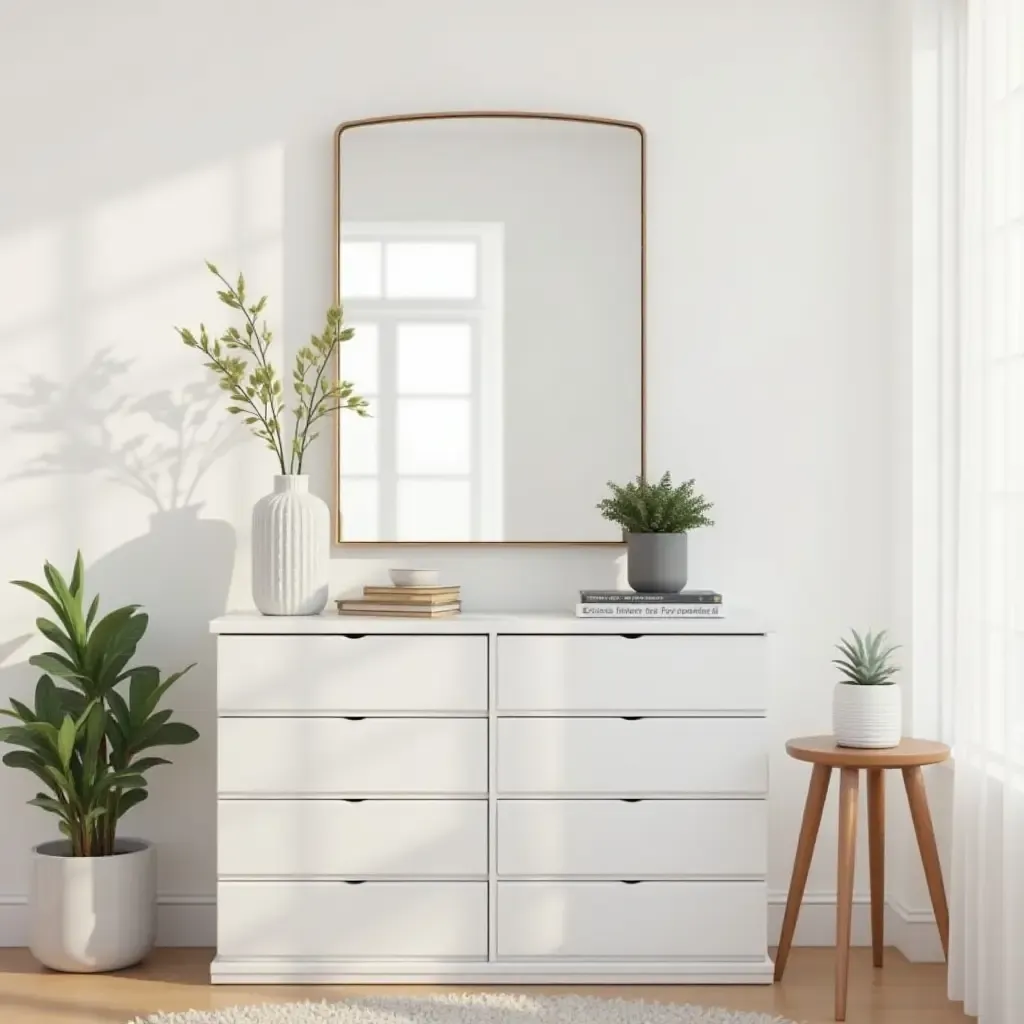 a photo of a trendy teen room with a statement mirror above the dresser