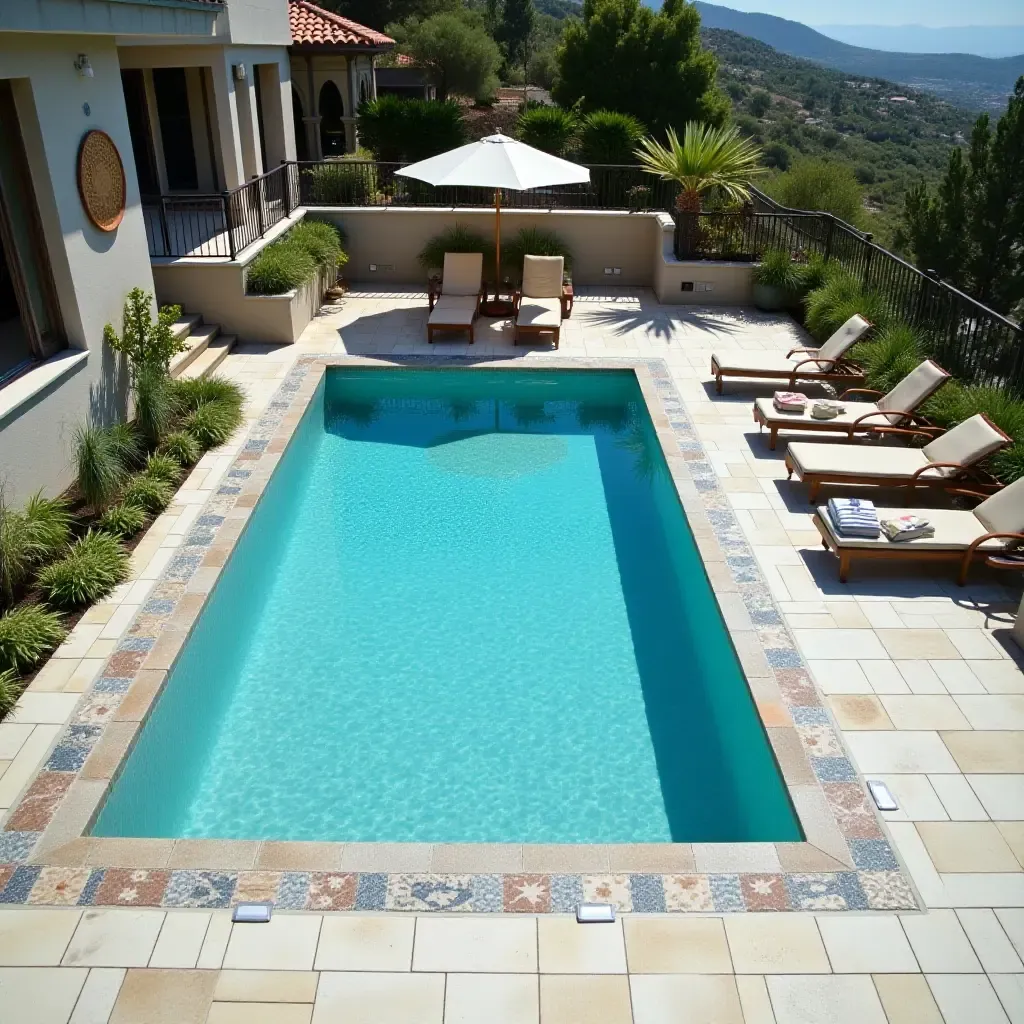 a photo of a tiled pool deck with mosaic patterns and sun loungers