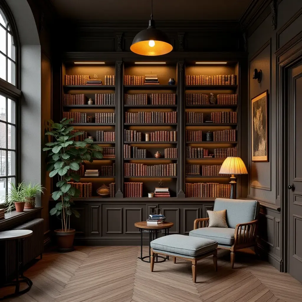 a photo of a library with a mix of vintage and industrial decor elements