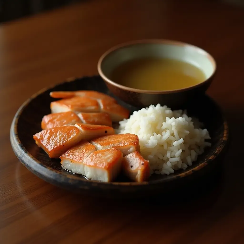 a photo of a traditional Japanese breakfast with grilled fish, rice, and miso soup.