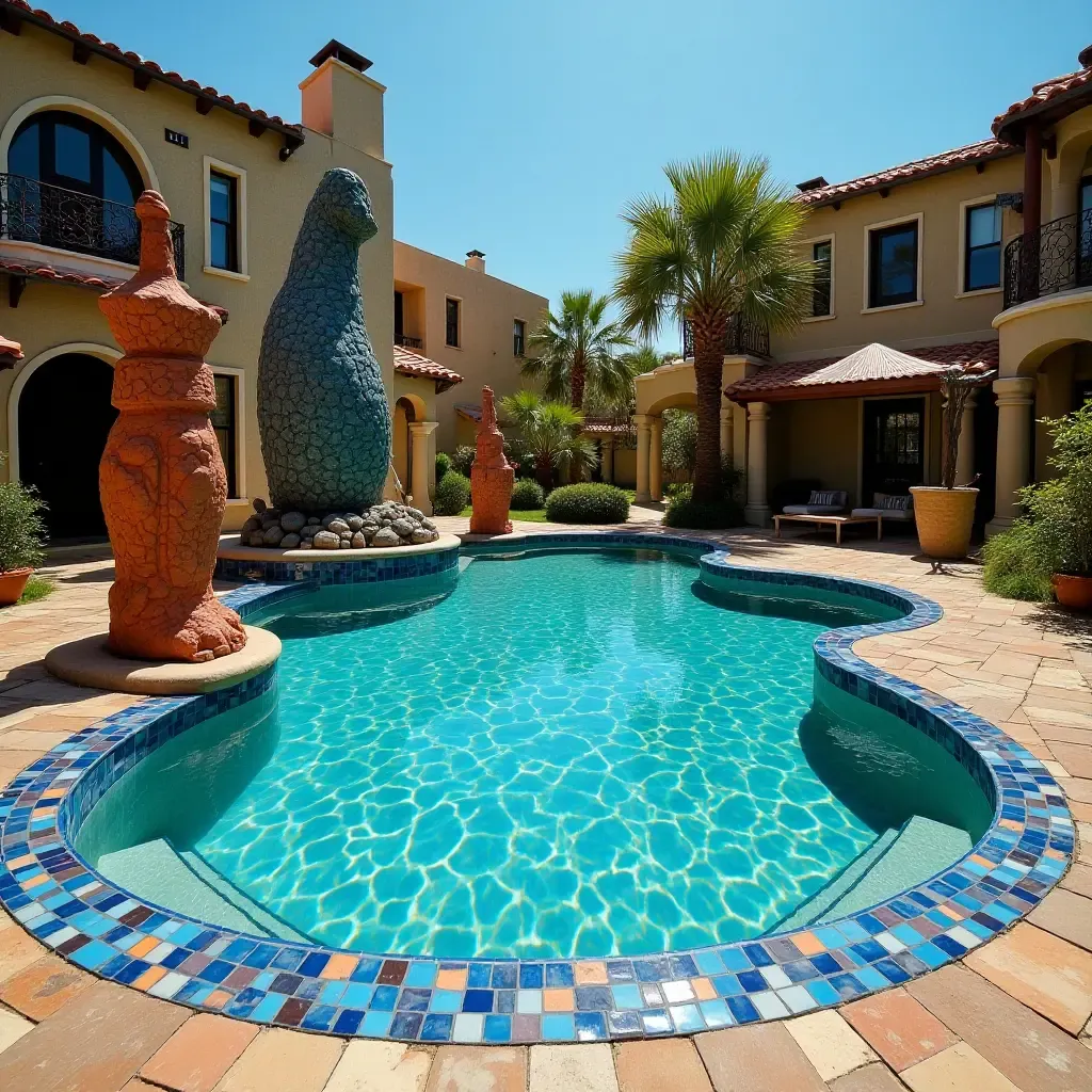 a photo of a colorful mosaic-tiled pool with artistic sculptures nearby