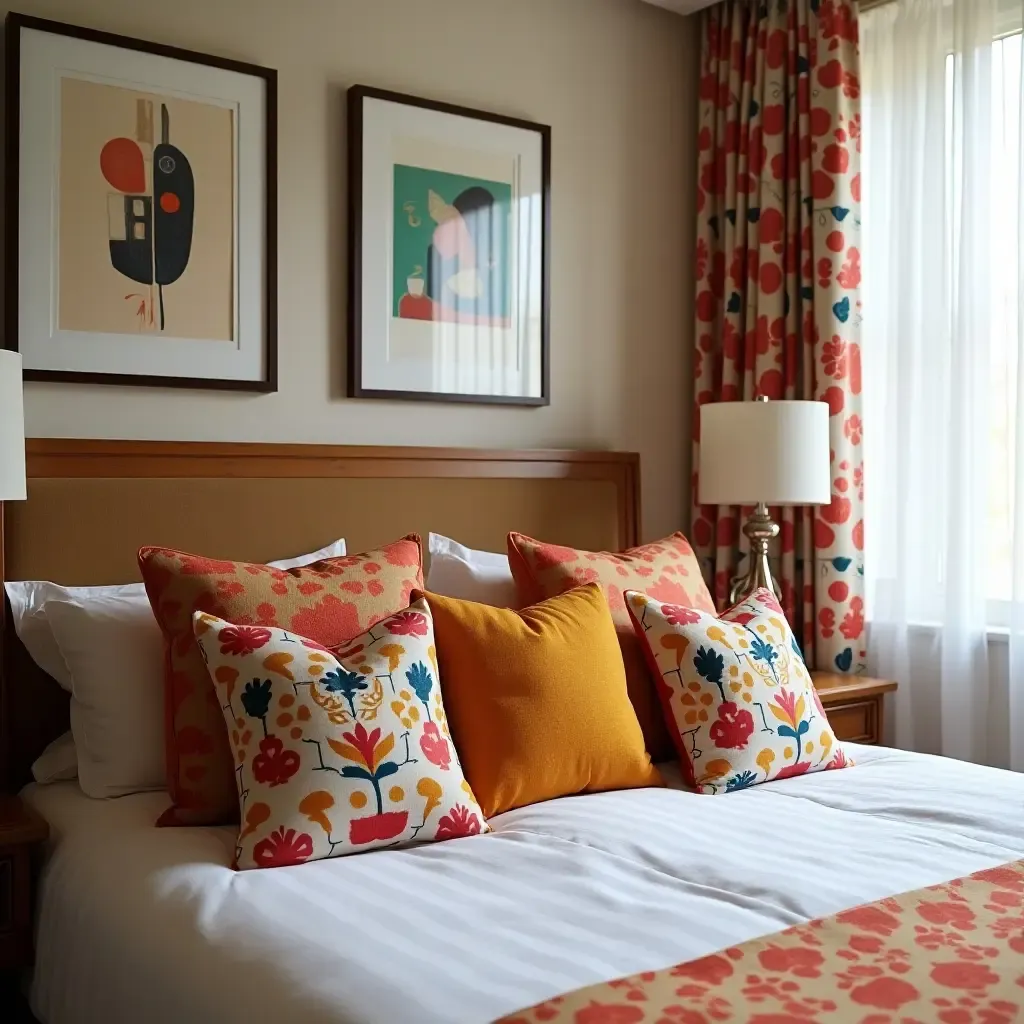 a photo of a retro bedroom with bold patterned throw pillows