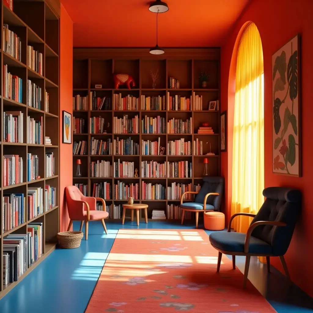 a photo of a small library with a vibrant color scheme